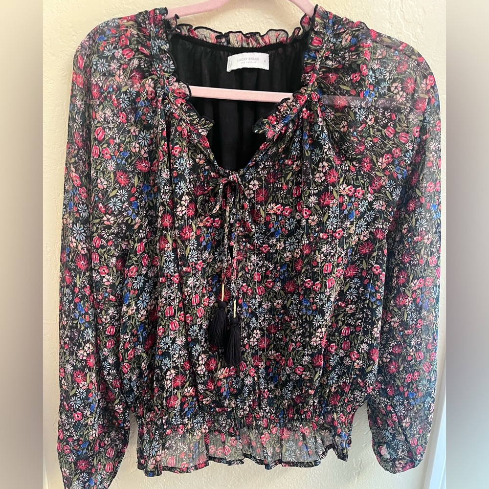 Lucky Brand Multicolor Floral Blouse with Tassel